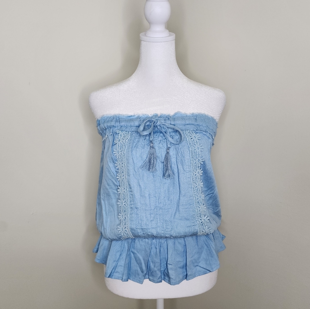 Venus Blue Strapless Ruffle Peplum Tassel Boho Summer Top Size XS